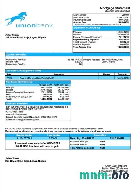 Nigeria Union Bank of Nigeria wyciąg z kredytu hipotecznego szablon Word i PDF